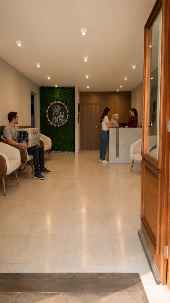 Recepção de clínica veterinária premium de odontologia pet em Curitiba, com clientes.